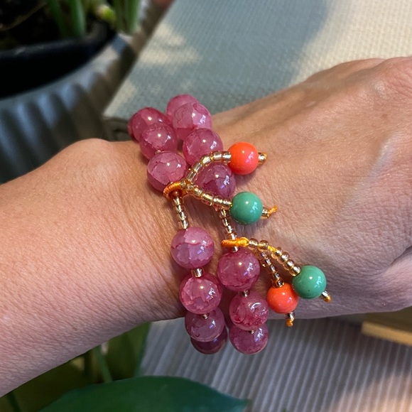 Set of 2 marbled blush colored glass beads stretch bracelets, with heart bag!💜💗💕 - Picture 2 of 5